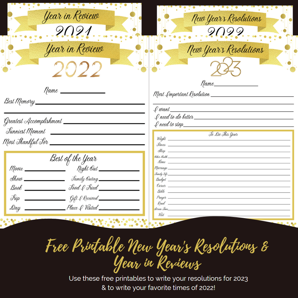 new year's free printables: year in review & resolutions pages
